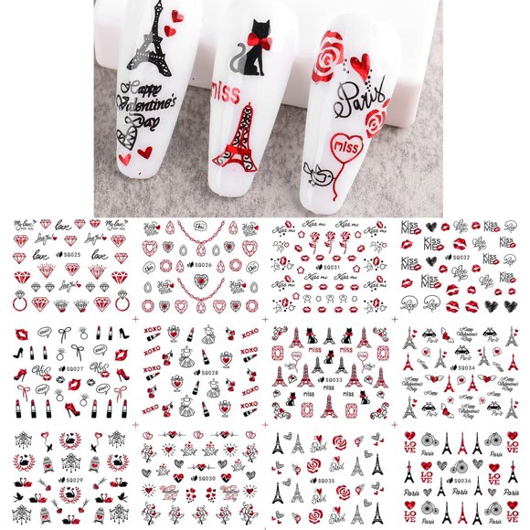 12 hojas de pegatinas para decoración de uñas del día de San Valentín, pegatinas autoadhesivas 3D para uñas, labios rojos sexys, corazón de diamante rosa, diseños de uñas de la Torre Eiffel, suministr