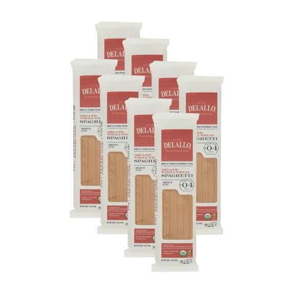 DeLallo, 100% Organic, Whole Wheat Spaghetti, Made in Italy, Made with Whole Grain Wheat Flour, 1 lb Bag, 8 Pack