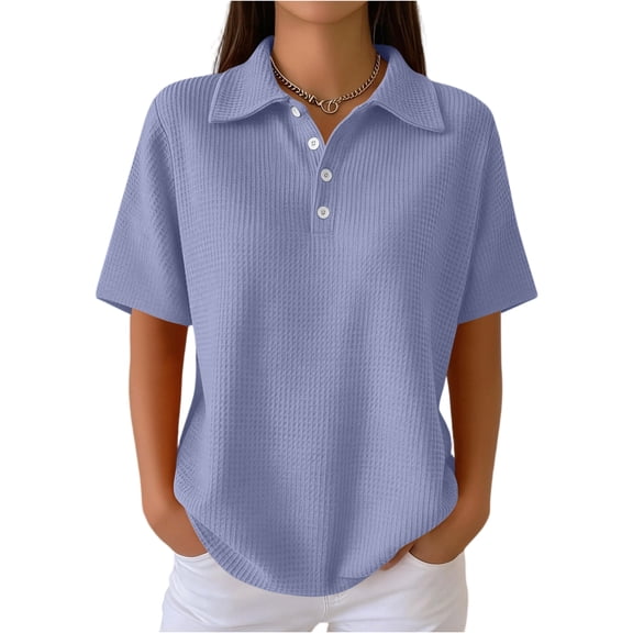 Boyscolos Henley Polo Shirts for Women Solid Color Short Sleeve Polo Shirts Waffle Knit Basic Lapel Collared Summer Top Light Purple M