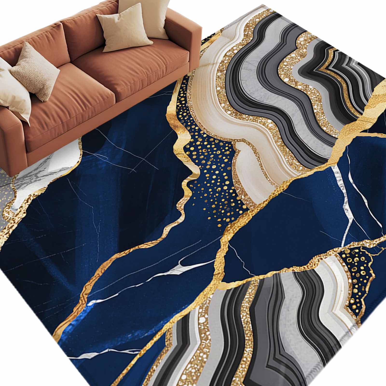 6'x9' Area Rugs, Blue Marble Indoor Outdoor Area Rug for Living Room Bedroom, Grey Gold Texture Vintage Farmhouse Art Washable Bathroom Rugs Kitchen Floor Carpet Mats Home Decor Aesthetic