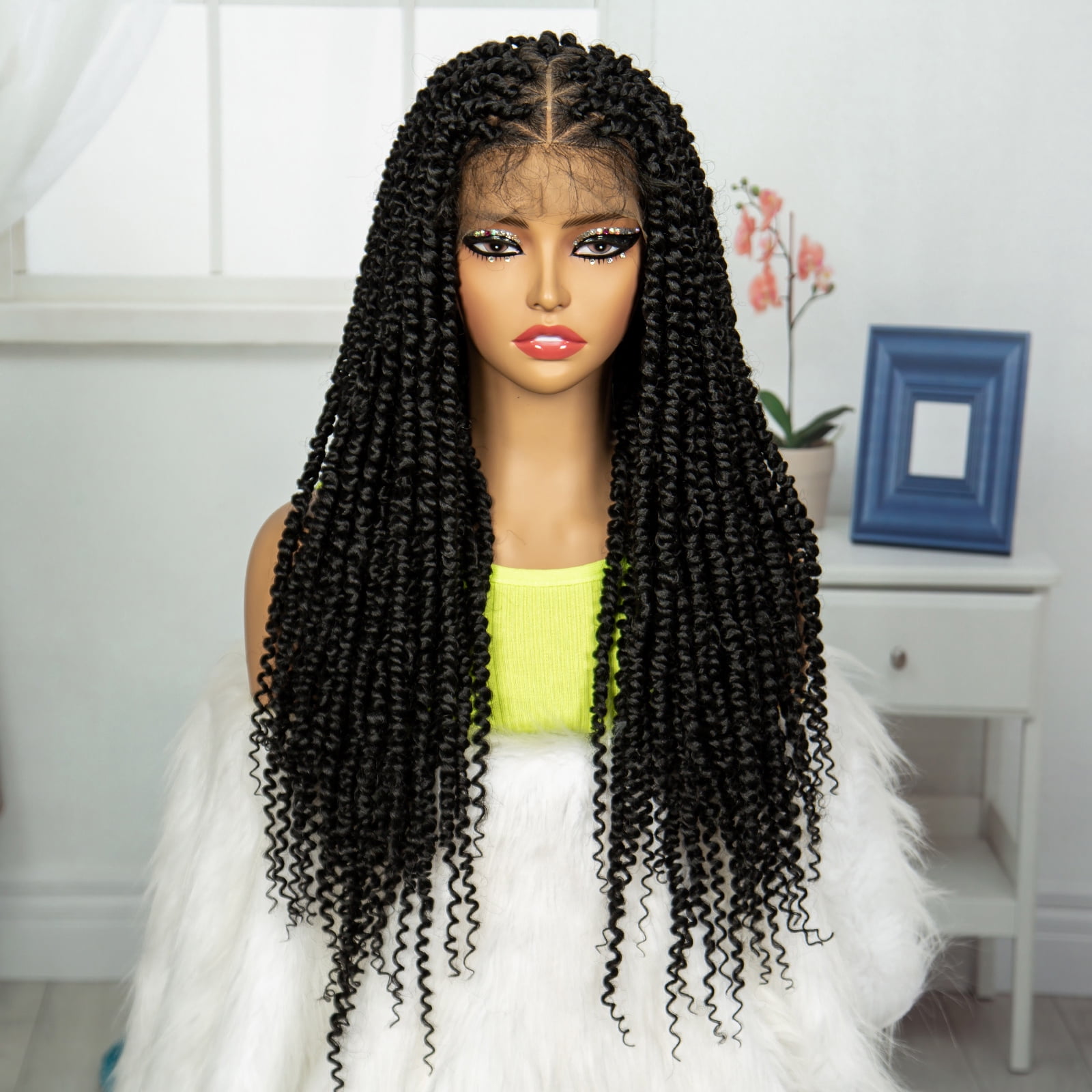 Braided Wigs for Women Synthetic Full Lace Wig Braided Wigs Knotless Box Braided Wigs Braid Braiding Hair Water Wave Wavy Braids Wigs 26 inches (1B Color)