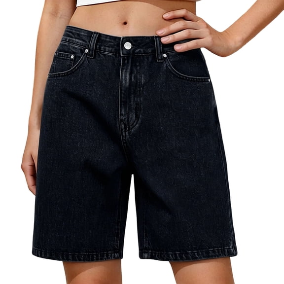RYRJJ Jean Bermuda Shorts for Women Trendy High Rise Knee Length Wide Leg Denim Long Shorts Summer Casual Jorts with Pockets(Black,L)