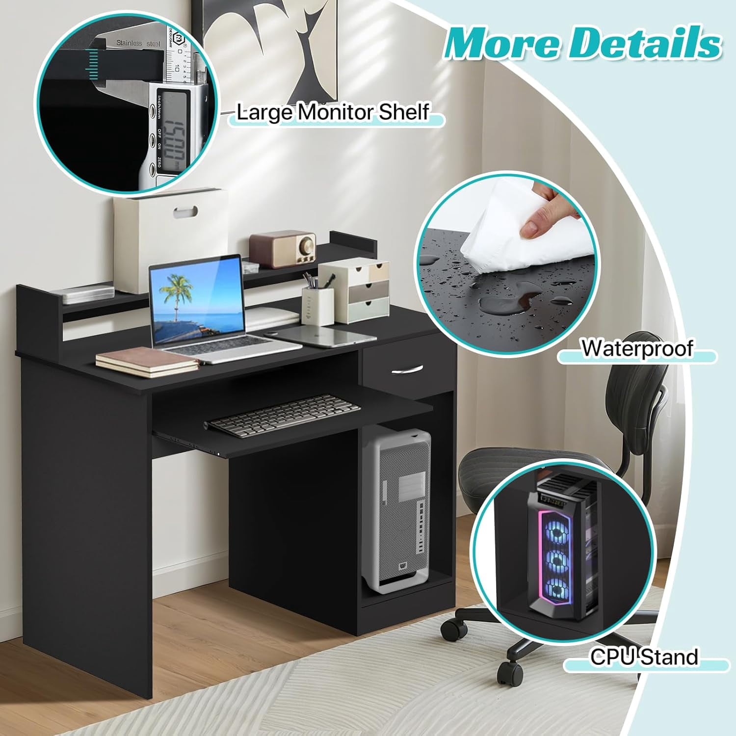 Dkelincs 43" Office Computer Desk with Drawer & Monitor Shelf & Keyboard Tray, Study Writing Desk Gaming Desk Executive Table for Home Office, Black