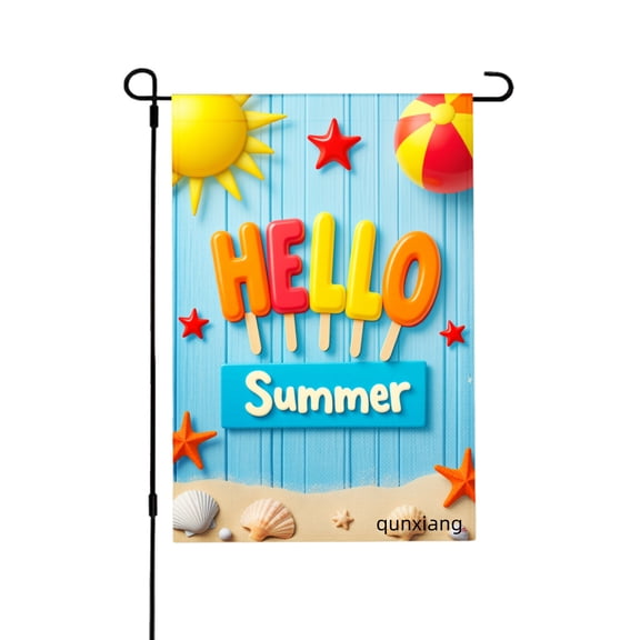 Amhnf Hello Summer Garden Flag With Sun Beach Ball And Seashells For Home Outdoor Garden Yard Decor 12x18 inch