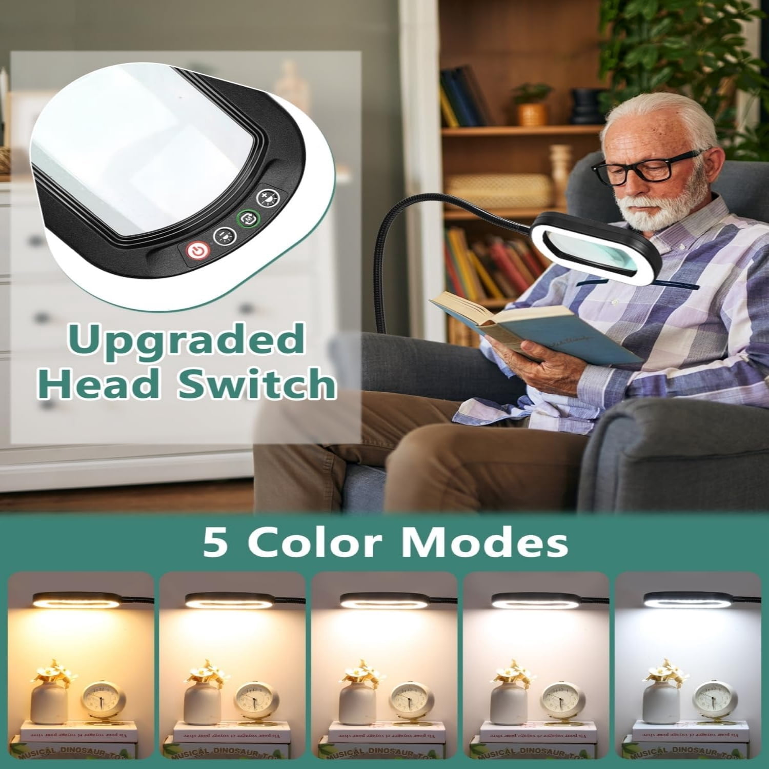 Veemagni Magnifying Glass with Light and Stand, Rectangular Real Glass Lens, 24" Flexible Gooseneck 3-in-1 Floor Lamp,5 Color Modes, Stepless Dimmable,  Hands Free for Craft Hobby Reading.