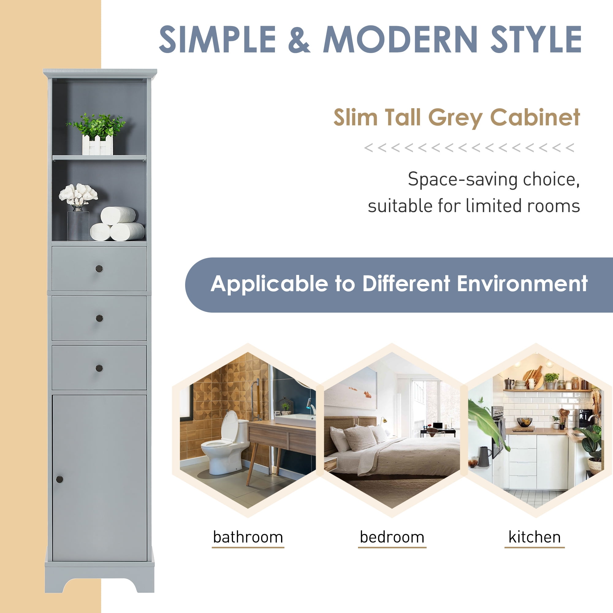 EUROCO Bathroom Storage Cabinet,Wood Linen Cabinet, Narrow Tall Cabinet Storage Tower with Adjustable Shlef,Door and 3 Drawers,Painted Finish, Grey