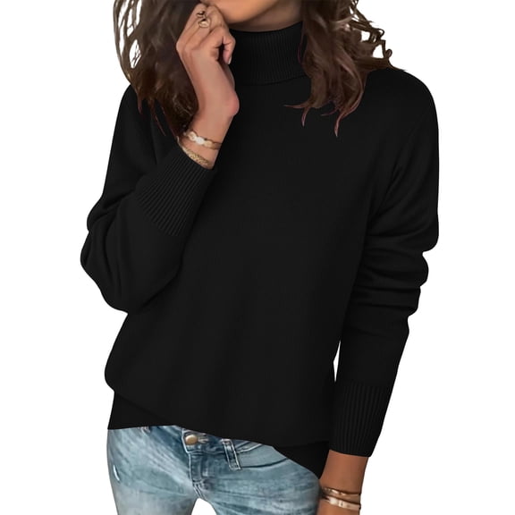 2025 Sweaters for Women Long Sleeve Turtleneck Tops Fall Winter Soft Warm Cozy Wool Knit Sweater Pullover Black XXL