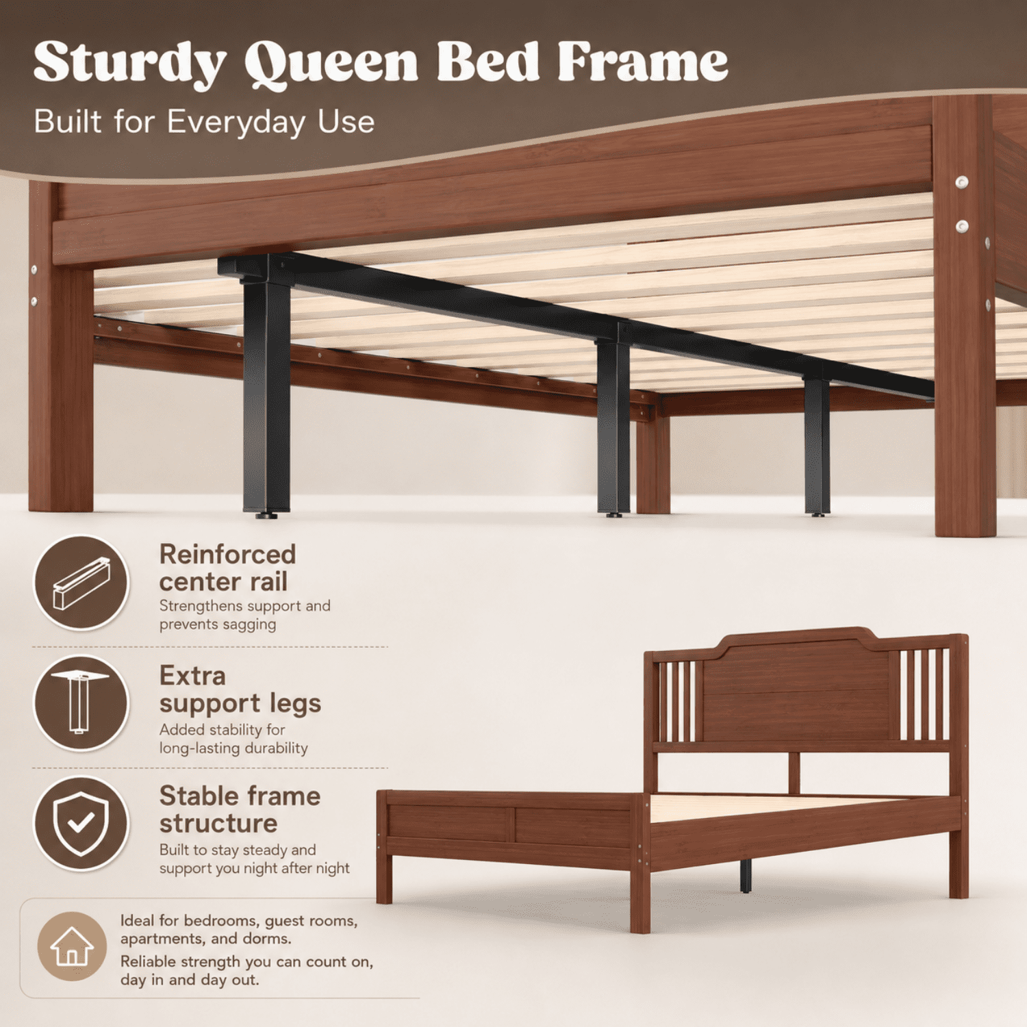 Miniyam Queen Size Solid Bamboo Platform Bed Frame with Headboard, Brown