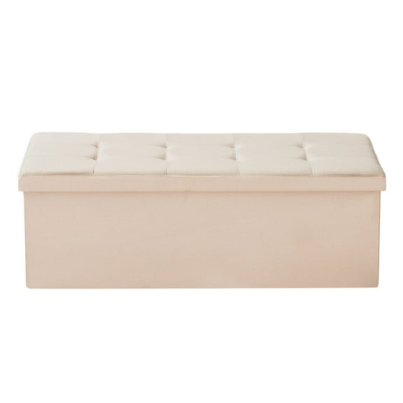 KFFKFF Foldable Storage Ottoman Bench with Side Pockets, Upholstered Chest for Living Room, Bedroom, or Entryway, Beige Linen Design, Supports 660 lbs, Spacious and Practical Folding Bench