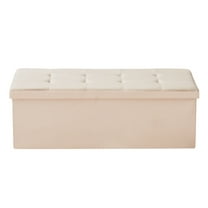 KFFKFF Foldable Storage Ottoman Bench with Side Pockets, Upholstered Chest for Living Room, Bedroom, or Entryway, Beige Linen Design, Supports 660 lbs, Spacious and Practical Folding Bench