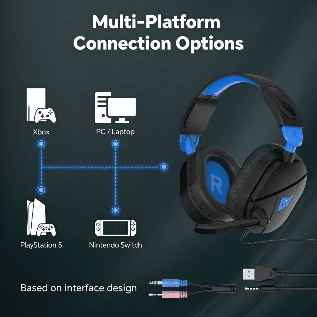 Gaming Headsets with Noise Cancelling Microphone, Xbox One & PS5 PS4 Headphones, High-Quality Stereo Sound, LED Light, Soft Memory Earmuffs for Ultimate Comfort, Wired Over-Ear Headset for PC, Laptop