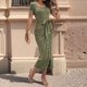 thumbnail image 5 of Vestido Maxi de Verano 2025 para Mujer, Corta, Cuello Redondo, Cintura Anudada, Corte Entallado, Abertura, Fruncido Verde M, 5 of 10