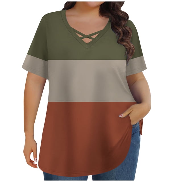 Hvobtty T-Shirt à Col Rond Décontracté à Manches Courtes pour Femmes, Chemisiers à Col en V à Manches Courtes Imprimés d'Été pour Femmes Grande Taille