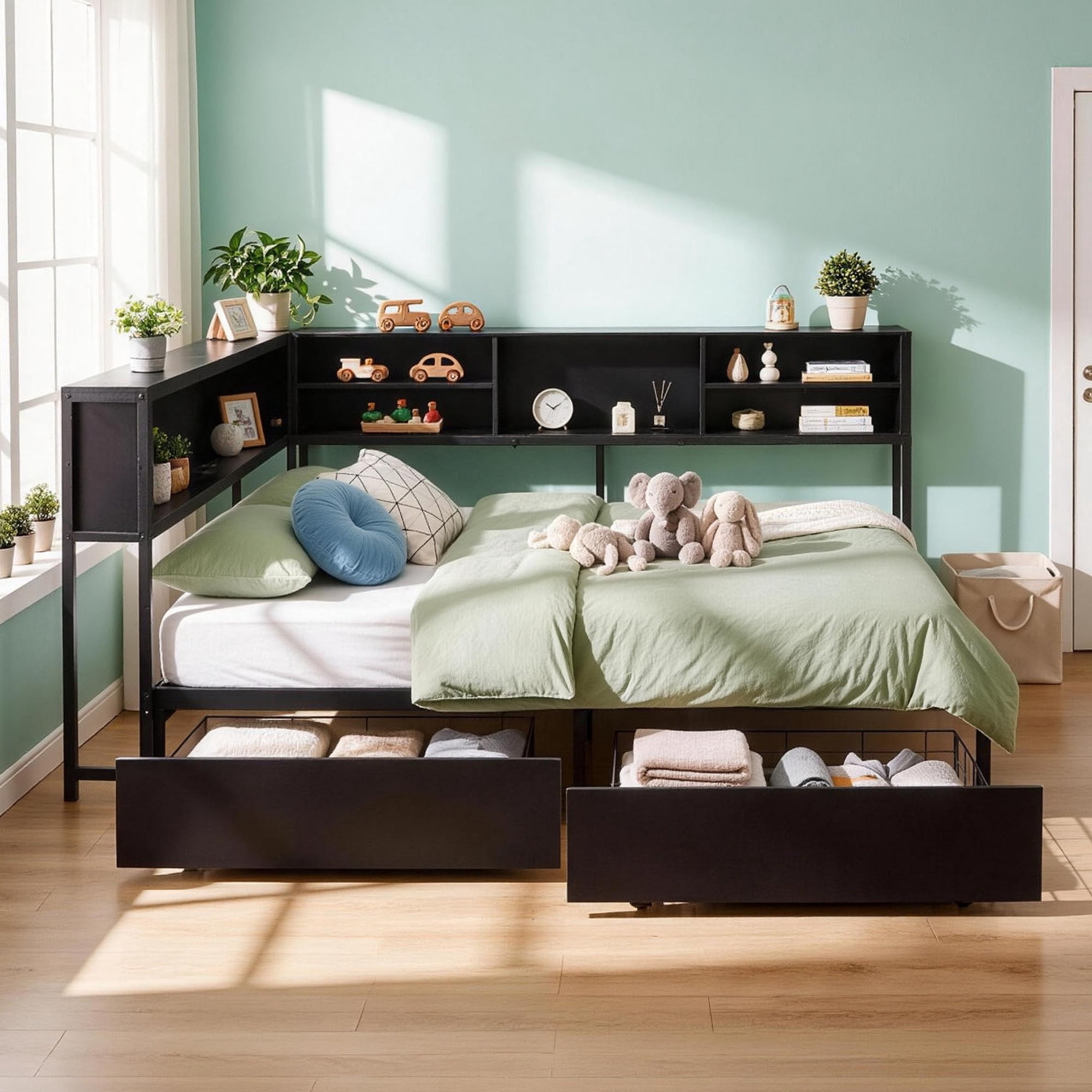 Leumius Corner Bed Frame with Storage Bookcase, Twin Daybed with LED Lights & 2 Drawers, Metal Platform Bed with Headboard and Charging Station for Bedroom Guest Room Black