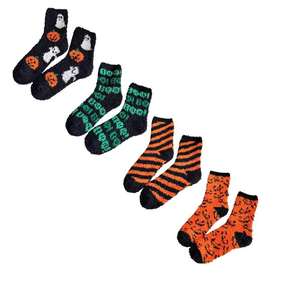 jiaxiM 4 Pairs Halloween Socks, Fuzzy Socks, Cozy Fall Mid‑Calf Socks, Soft Plush Fabric, Stretchy Cuff, Warm Loungewear Socks For Holiday Daily Indoor Use