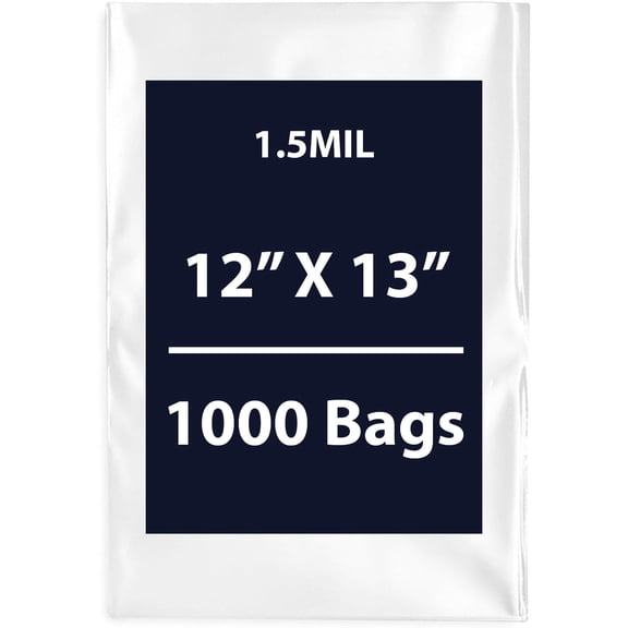 Multiple Sizes Clear Flat Poly Bags - 12"x13" & (1000 Bags) 1.5Mil Flat Open Top Plastic Packaging Packing | Flexible and Durable Plastic Bags | Low-Density Polyethylene (LDPE)