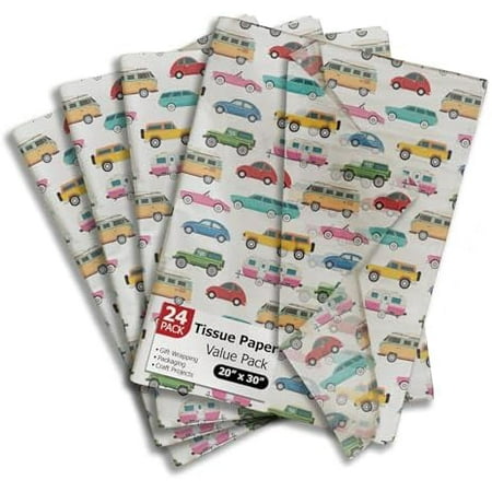 Automobiles Printed Tissue Paper for Gift Bags or Boxes and Wrapping - Cars Bulk Decorative Art Tissue Paper for Packaging and Gifting | 24 Sheets 20" x 30"
