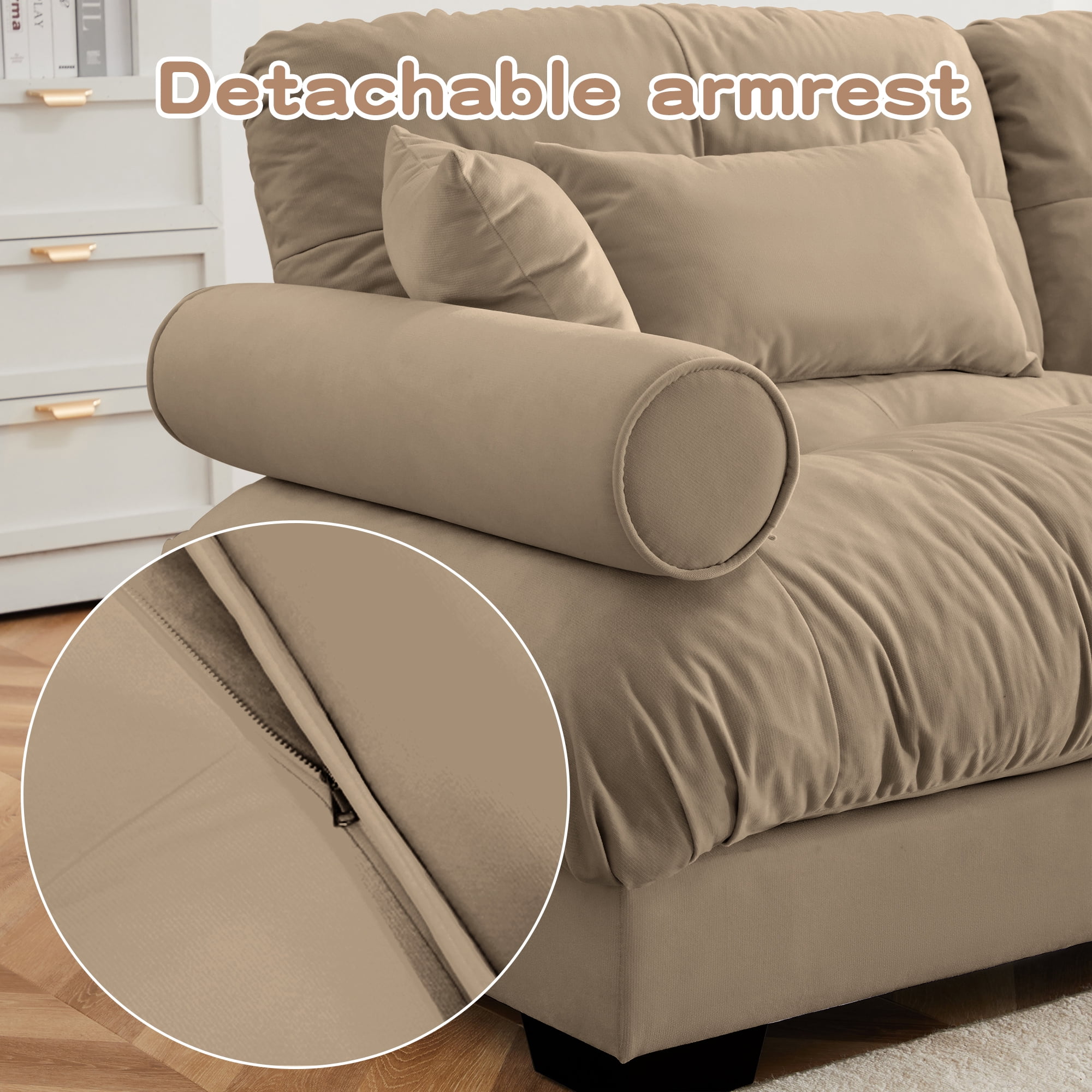 Alvantor L-Shaped Sectional Sofa 3-Seater Velvet Sofa Couch with Bolstered Armrests for Living Room, Easy Assembly Camel