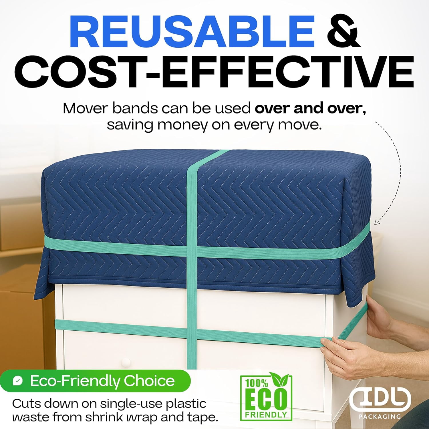 IDL Packaging Green Moving Bands 30", Pack of 96 - USA-Made Mover Rubber Straps for Furniture, Boxes & Moving Blankets