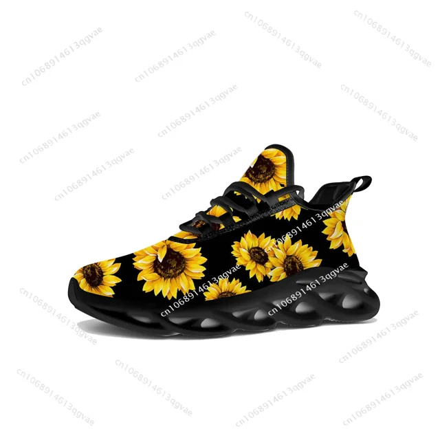 Zapatillas deportivas planas con diseño de girasol amarillo para hombre y mujer, deportivas de alta calidad con cordones de malla, hechas a medida.