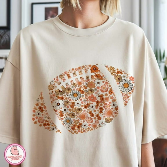 Floral Football T-Shirt - Retro Game Day Graphic Tee, Brushstroke Touchdown Season Shirt, Fall Boho Football Mom Top