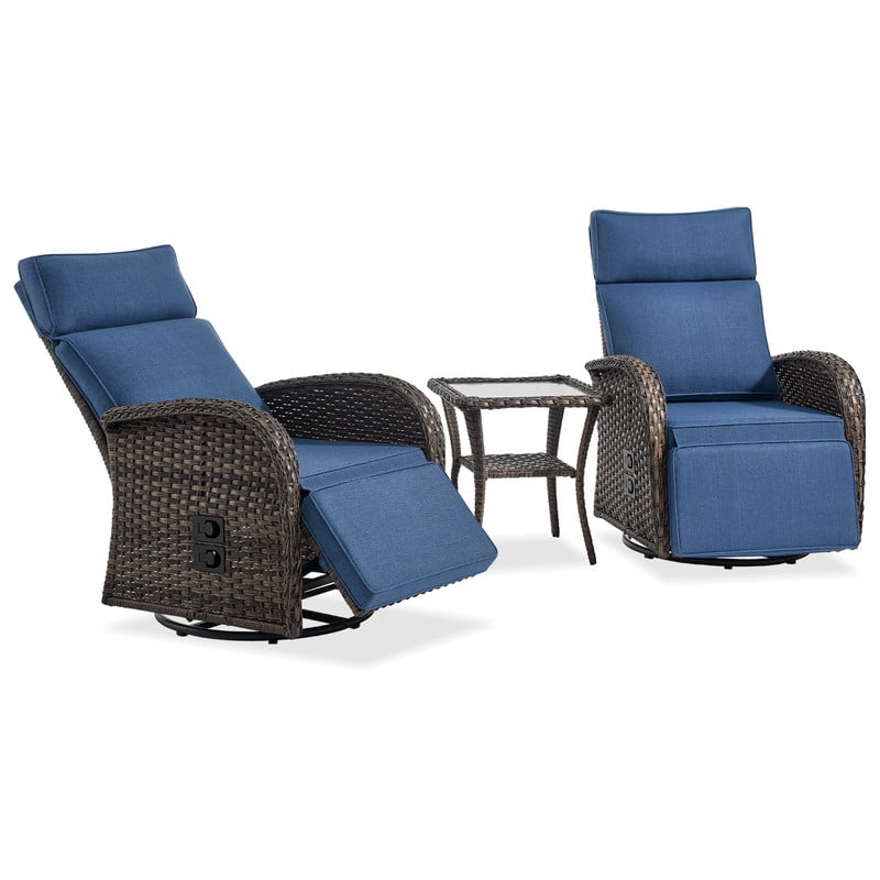 3-Piece Patio Swivel Recliner Chairs with Side Table, Outdoor Wicker Reclining Lounge Chairs with Adjustable Back and Footrest, Rattan Outdoor Furniture Set with Blue Cushions