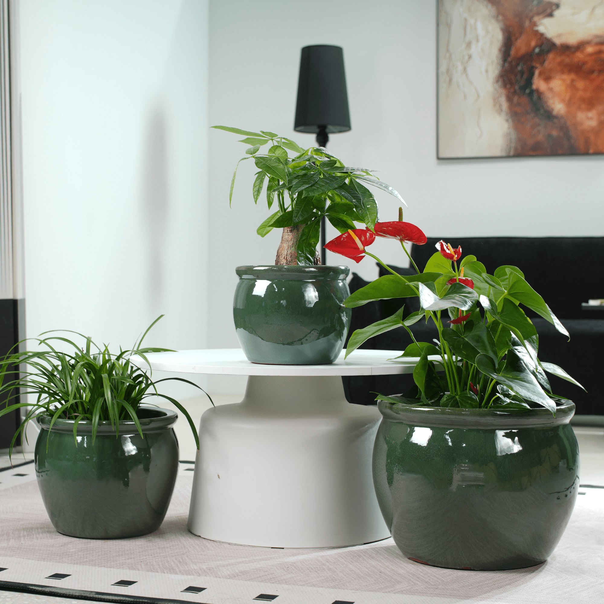 mdj pottery Ceramic Plant Pots, 9+11+15 Inches, Set of 3, Drum Shaped Flower Pots with Drainage Hole, Single-Sided Glazed Breathable Planters for Indoor/Outdoor Plants, Dark Green