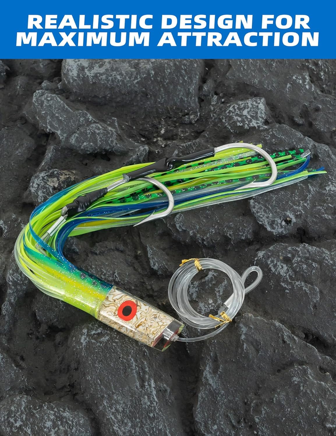 BLUEWING 15in Big Game Trolling Lure with Double Rigged Hookset and 300lb High Strength Fishing Line Saltwater Fishing Lures for Wahoo Tuna Marlin Mahi Mahi Green/Blue