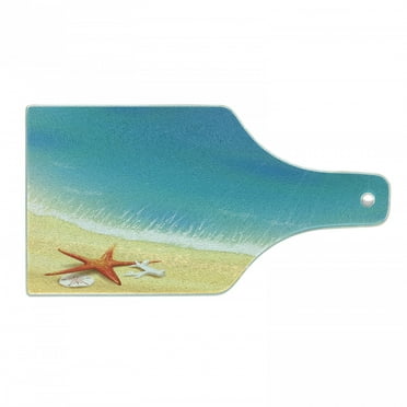 Starfish Cutting Board, Seashore View Waves on Sandy Beach Caribbean Paradise Summer Season Illustration, Tempered Glass Cutting and Serving Board, Wine Bottle Shape, Multicolor, by Ambesonne