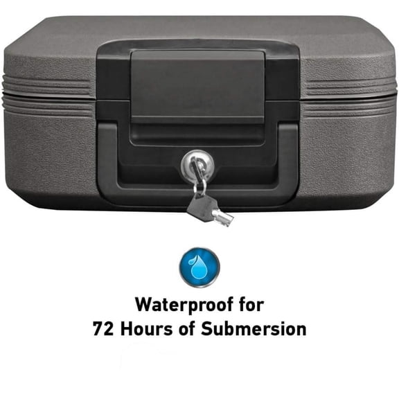 Fireproof and Waterproof Chest Box with Key Lock, Black Travel Safe with Interior Lighting and Carrying Handle, 0.28 Cubic Feet, 6.6 x 15.4 x 14.3 Inches,