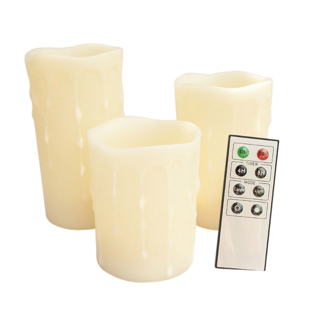 Set of 3 Remote Control Wax Pillar LED Candles with Melted Edge Wax