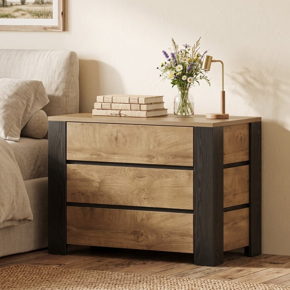 Fnova 36" Wide Nightstand, Oversized 3 Drawer Bedside Table, Extra Large Farmhouse Night Stand with Handle-less Design, Wood Side End Table for Bedroom Living Room, Natural