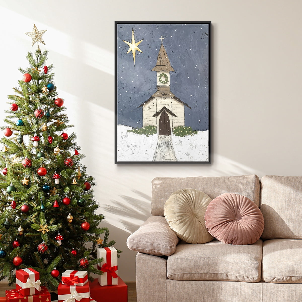 A Silent Night III - Framed Gallery Wrapped Holiday Canvas - 27 x 41 - Black Frame