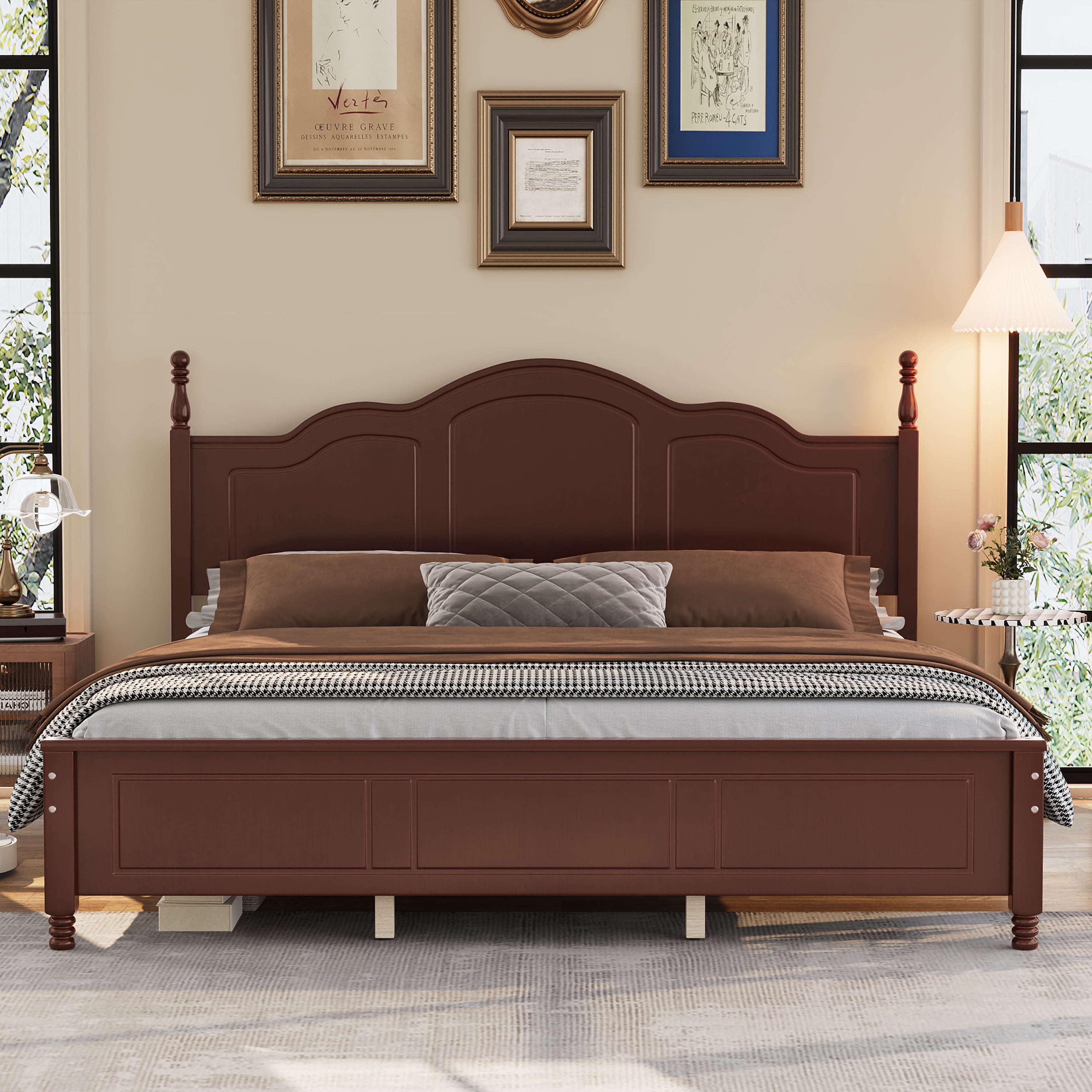 Euroco Wood King Size Platform Bed, Dark Walnut