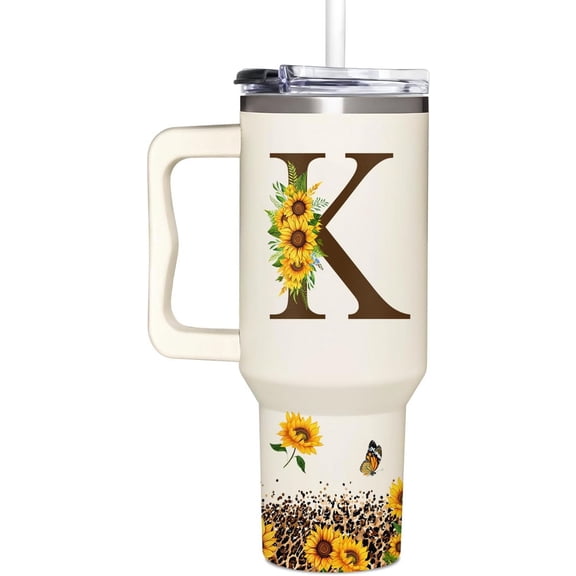 Personalized Birthday Gifts For Women - Sunflowers Monogrammed Cup For Mother's Day - Customized Gifts For Women, Mom, Grandma, Boss Lady, Her - Custom Tumbler With Handle 40oz