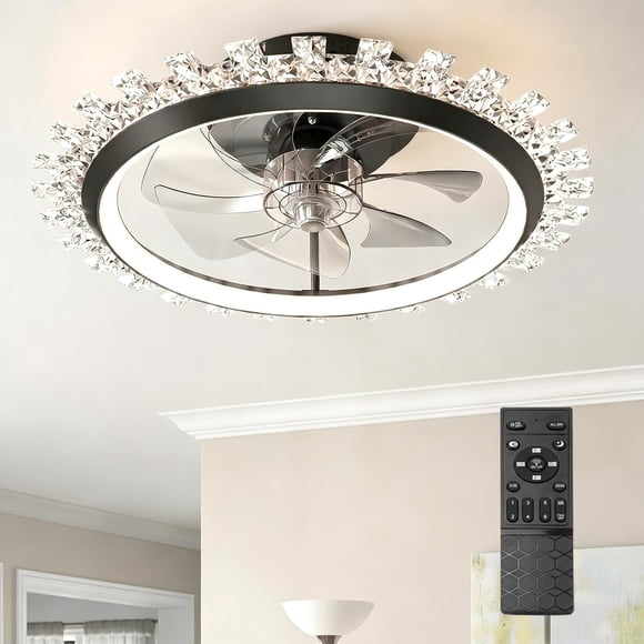 Ventilador de Techo de Cristal Negro de 20.4" con Mando, LED Regulable, Montaje Empotrado, Aspas Reversibles, Temporizador, 6 Velocidades Y 3 Temperaturas de Color.