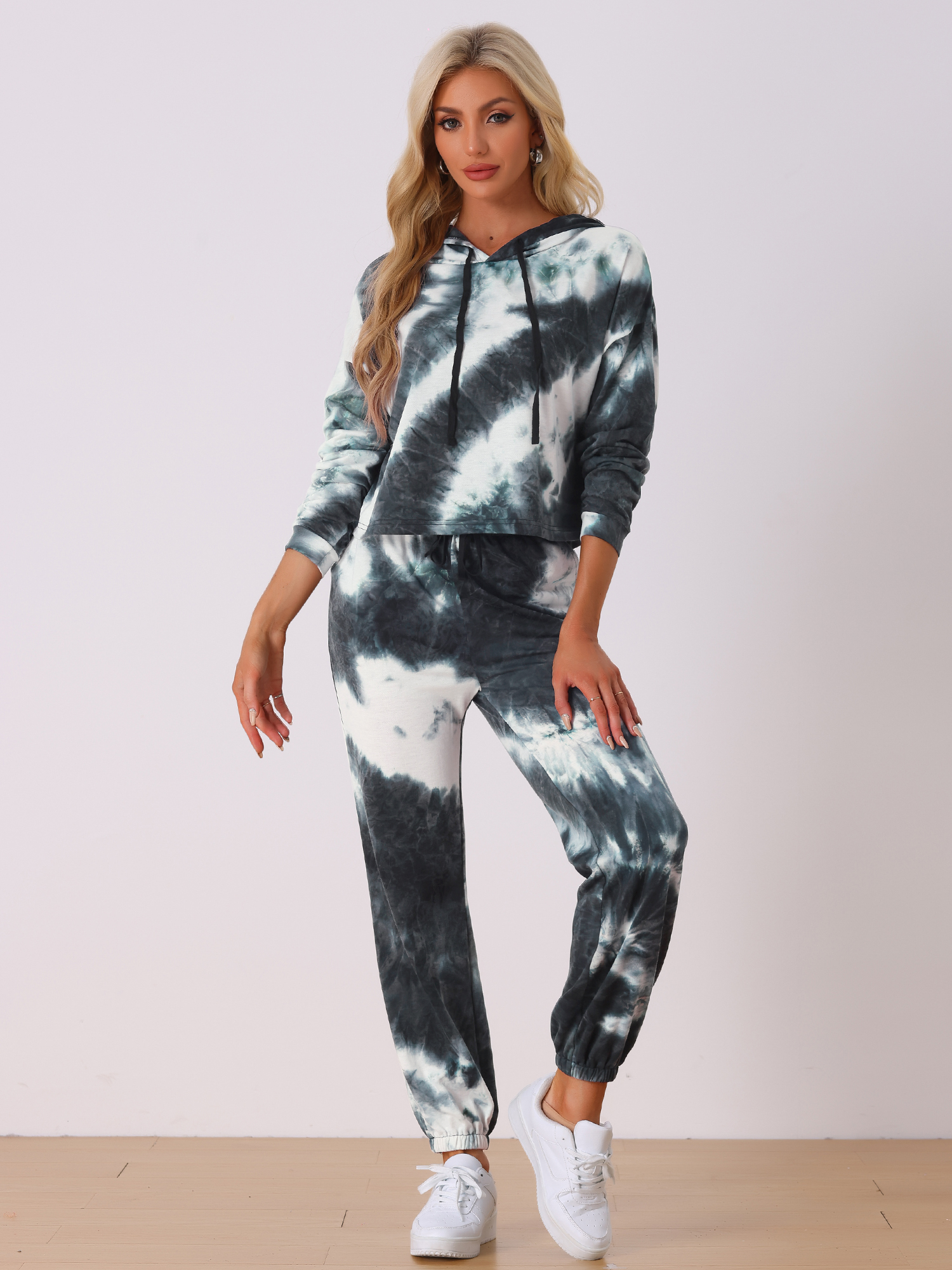 DARING DIVA Women's 2 Piece Tie Dye Hoodie Drawstring Sports Outfit L Black