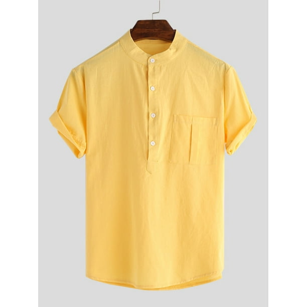 Incerun Mens Solid Casual Linen Breathable Collarless Shirt Short