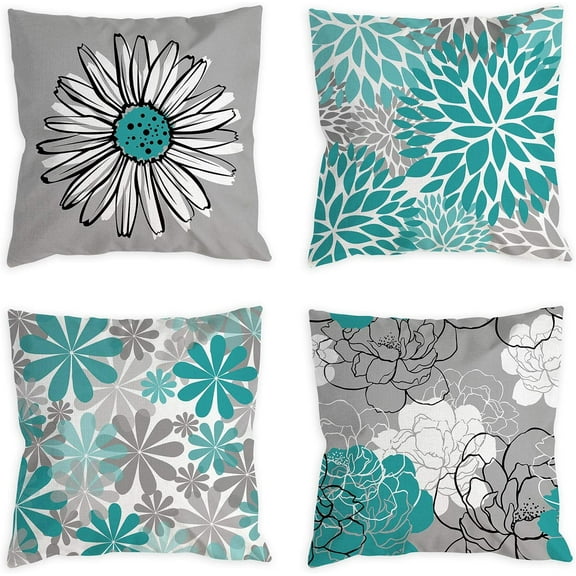 Teal Pillow Covers 20x20 Set of 4 Turquoise and Grey Decorative Throw Pillow Cover for Couch Modern Daisy Pillows Case for Living Room Cushion Bed Outdoor Home Decor