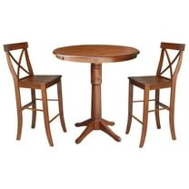 International Concepts 36" Round Solid Wood Bar Height Table with 12" Leaf and 2 Cross Back Stools in Espresso