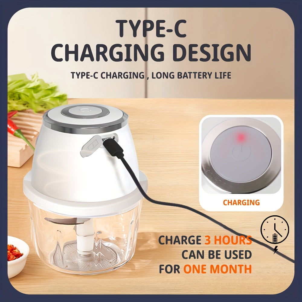 Powerful 304 Stainless Steel Portable Electric Food Chopper & Processor - 11.83oz Mini USB Wireless Handheld Garlic Slicer For Vegetables & Meat