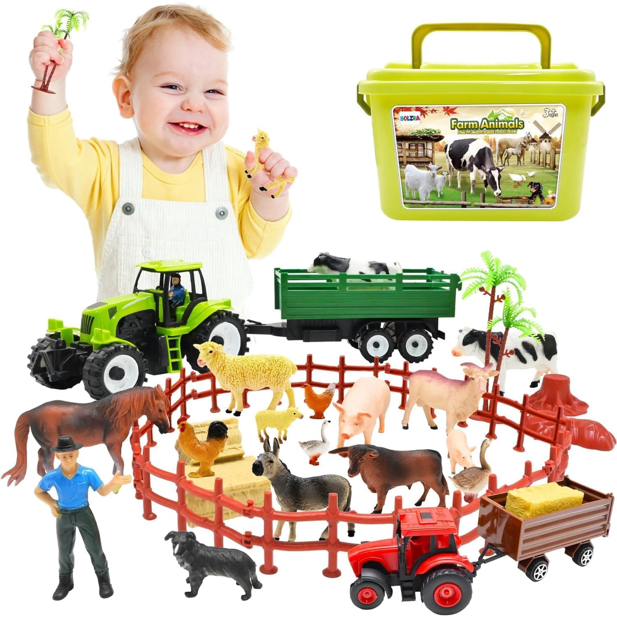 Farm Animal Figures with 2 Tractors, Realistic Plastic Farm Playset for Kids 3-8