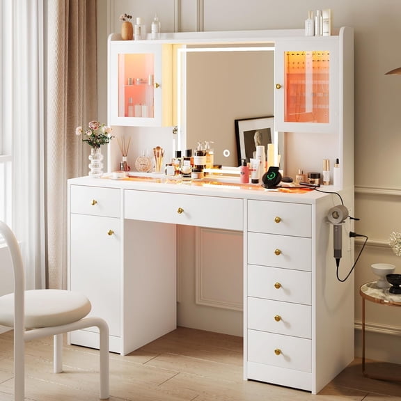 Laisnet White Vanity Desk with Mirror & RGB Lights, Power Outlet, Jewelry Storage Cabinet, 8 Drawers