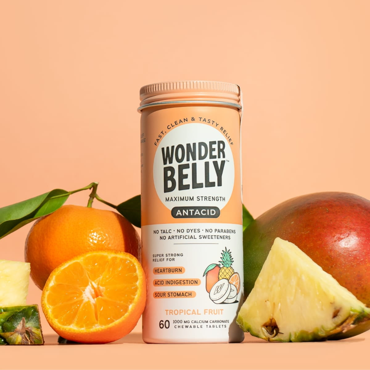 Wonderbelly Antacid Tablets for Heartburn Relief, Tropical Fruit Flavor, 60 Chewable Tablets