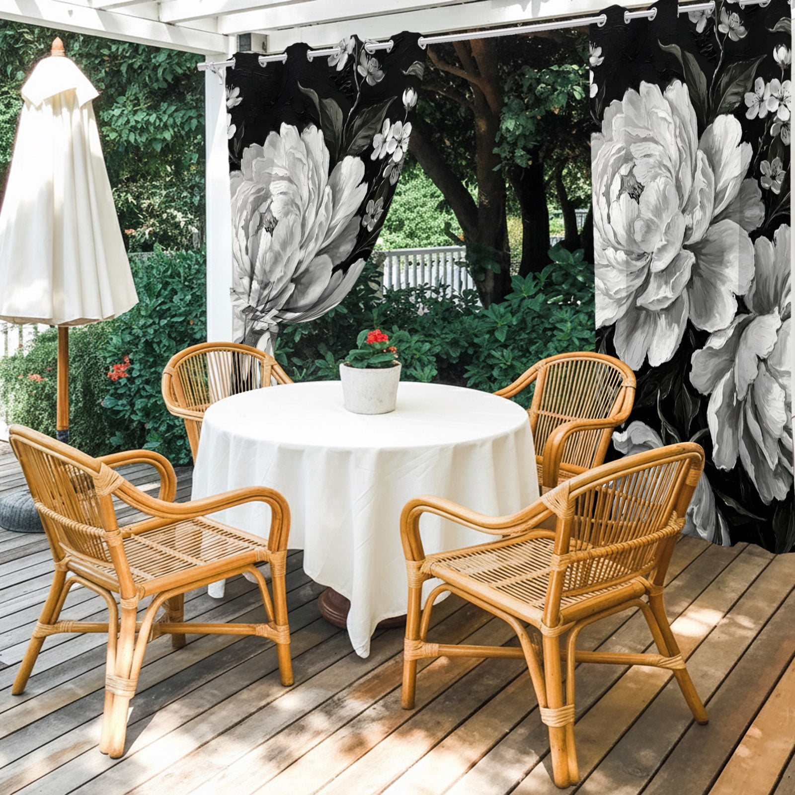 Blooming Peony Outdoor Curtains for Patio, Floral Black White Plant Sunshade Privacy Drapes Grommet Waterproof Outside Curtains for Porch/Cabana/Balcony 54"x 108", 1 Panel