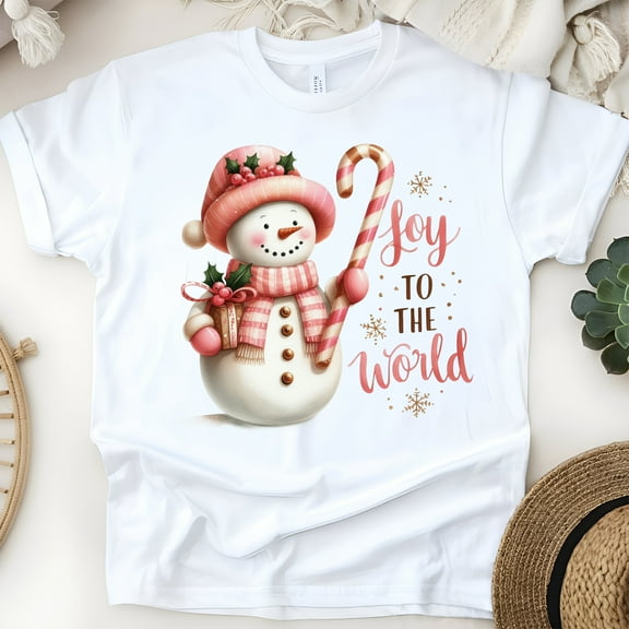 Joy to the World Snowman T-Shirt | Holiday Candy Cane Graphic Tee, White, Size S