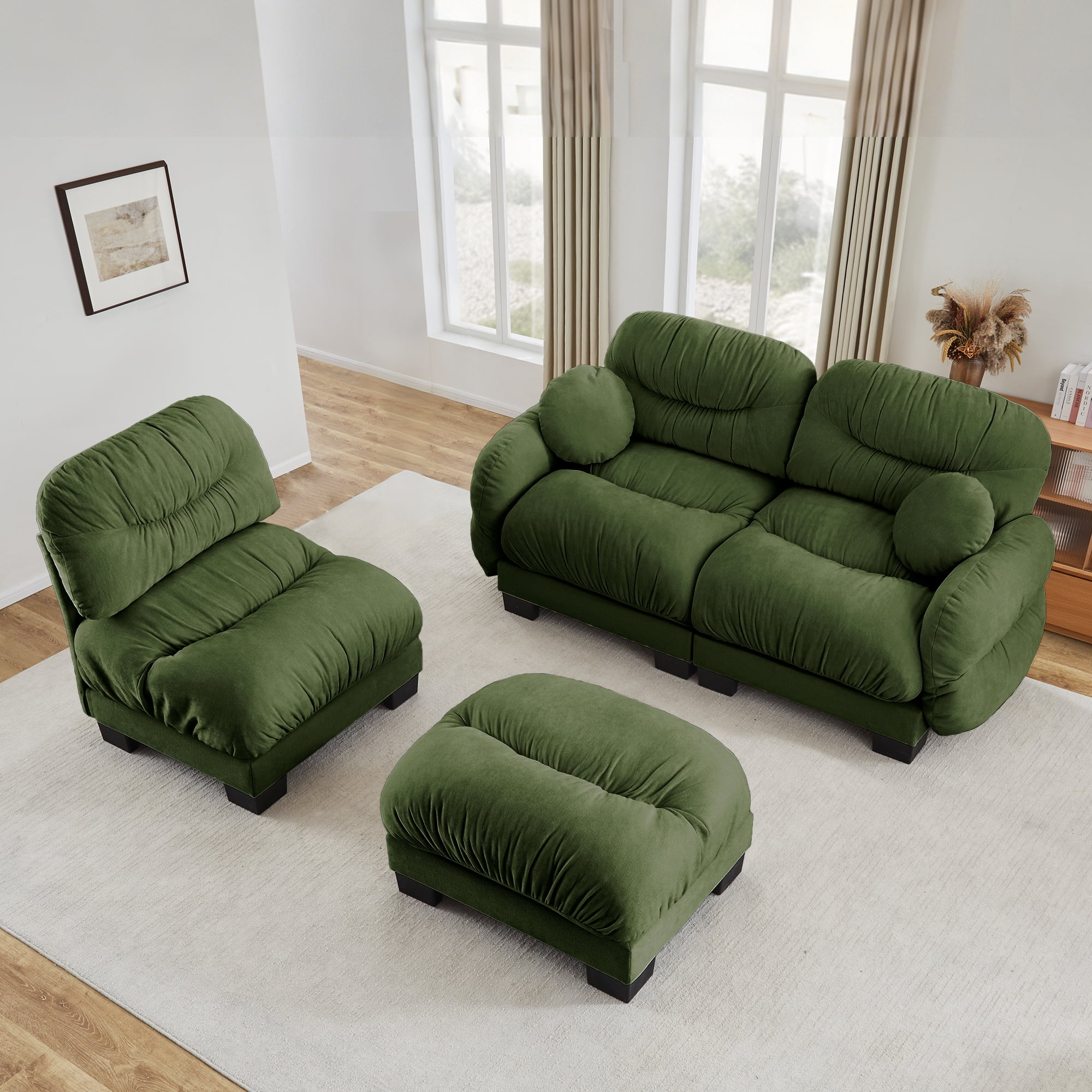 116" 3 Seater Sectional Couch Cozy Chenille Modular Sofa with Ottoman and 2 Throw Pillows