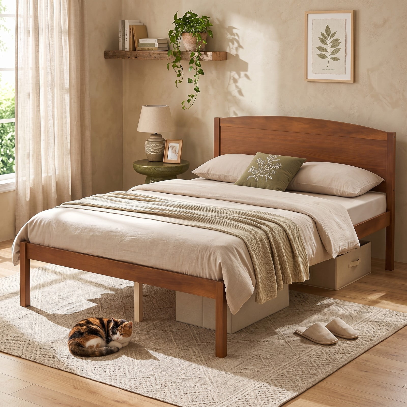 Furnibear Full Size Bed Frame with Curved Arched Headboard, Wood Platform Bed Frame with 8 Slats for Bedroom and Guest Room, Walnut