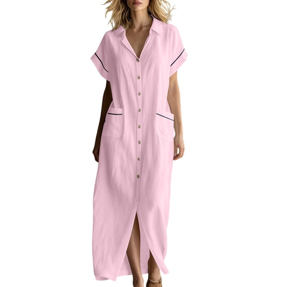 Kukoosong Women's Collared V Neck Short Sleeve Maxi Shirt Dress, Button Down Casual Loose Tunic Dress with Pockets for Summer Beach Vacation