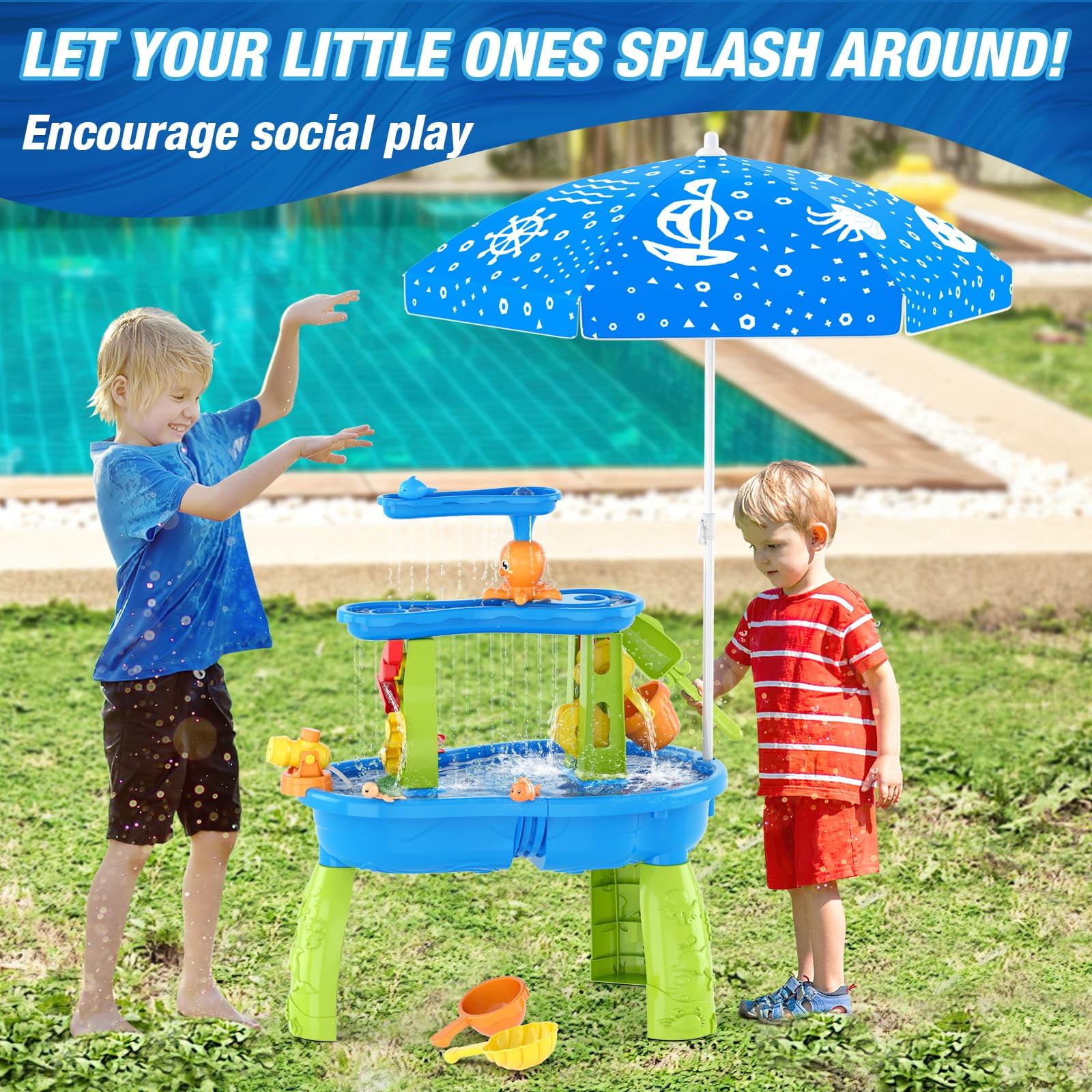 JoyStone 3-Tier Kids Sand Water Table with Umbrella, Outdoor Sensory Play Table Toy, 28.66" Tall, Summer Gift for Toddlers & Kids (Pump Not Included)